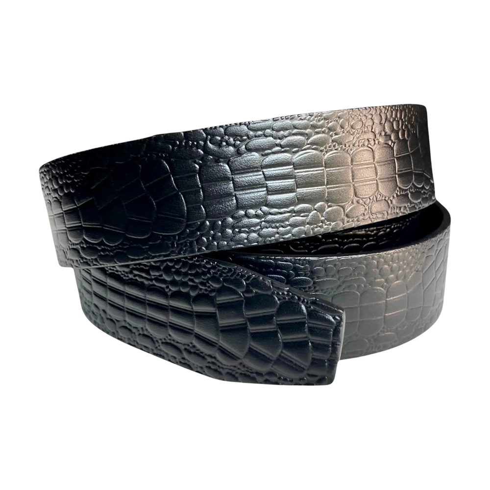 Black croco-embossed leather belt strap, 1.38 inch, signature detail view