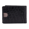 Black crocodile-embossed leather bifold wallet, close-up of back card slot