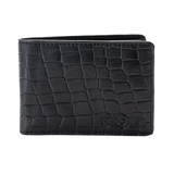 Black bi-fold wallet with an embossed crocodile pattern and debossed logo on the bottom right, shown on a plain white background.