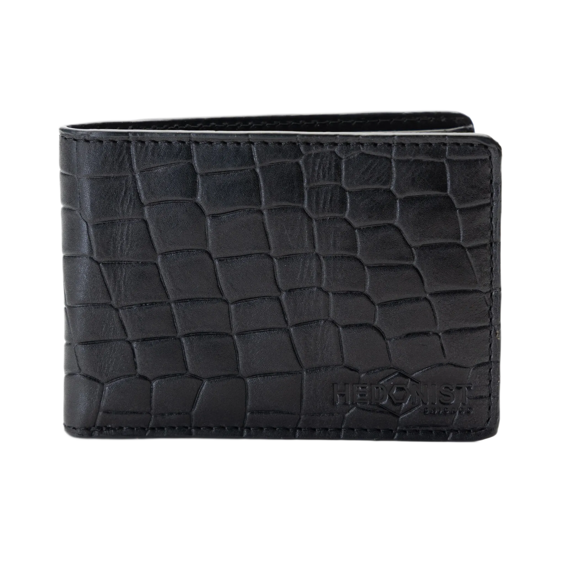 Black bi-fold wallet with an embossed crocodile pattern and debossed logo on the bottom right, shown on a plain white background.