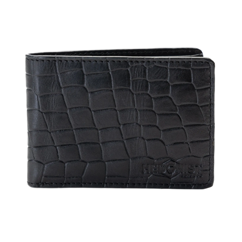 Black bi-fold wallet with an embossed crocodile pattern and debossed logo on the bottom right, shown on a plain white background.
