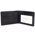 A black leather bi-fold wallet shown open, featuring multiple card slots on the left and a clear ID window on the right with a white insert displaying the Hedonist brand logo.