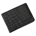 Black crocodile-embossed leather bifold wallet, close-up of debossed logo corner