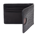 Black leather bifold wallet with an embossed crocodile pattern on the outer flap, featuring card slots and a debossed geometric logo on the front, shown open on a white background.