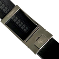 Black croco leather dress ratchet belt with gunmetal frame buckle, close-up detail