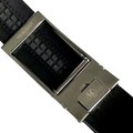 Black croco leather dress ratchet belt with gunmetal frame buckle, close-up detail