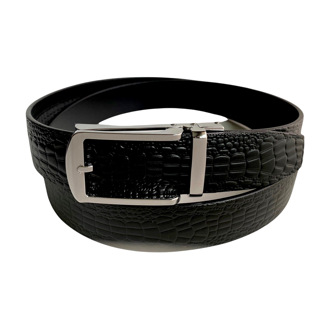 Black croco leather dress ratchet belt with gunmetal frame buckle, presented as a gift