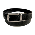 Black croco leather dress ratchet belt with gunmetal frame buckle, presented as a gift