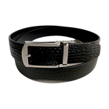 Black croco leather dress ratchet belt with gunmetal frame buckle, presented as a gift
