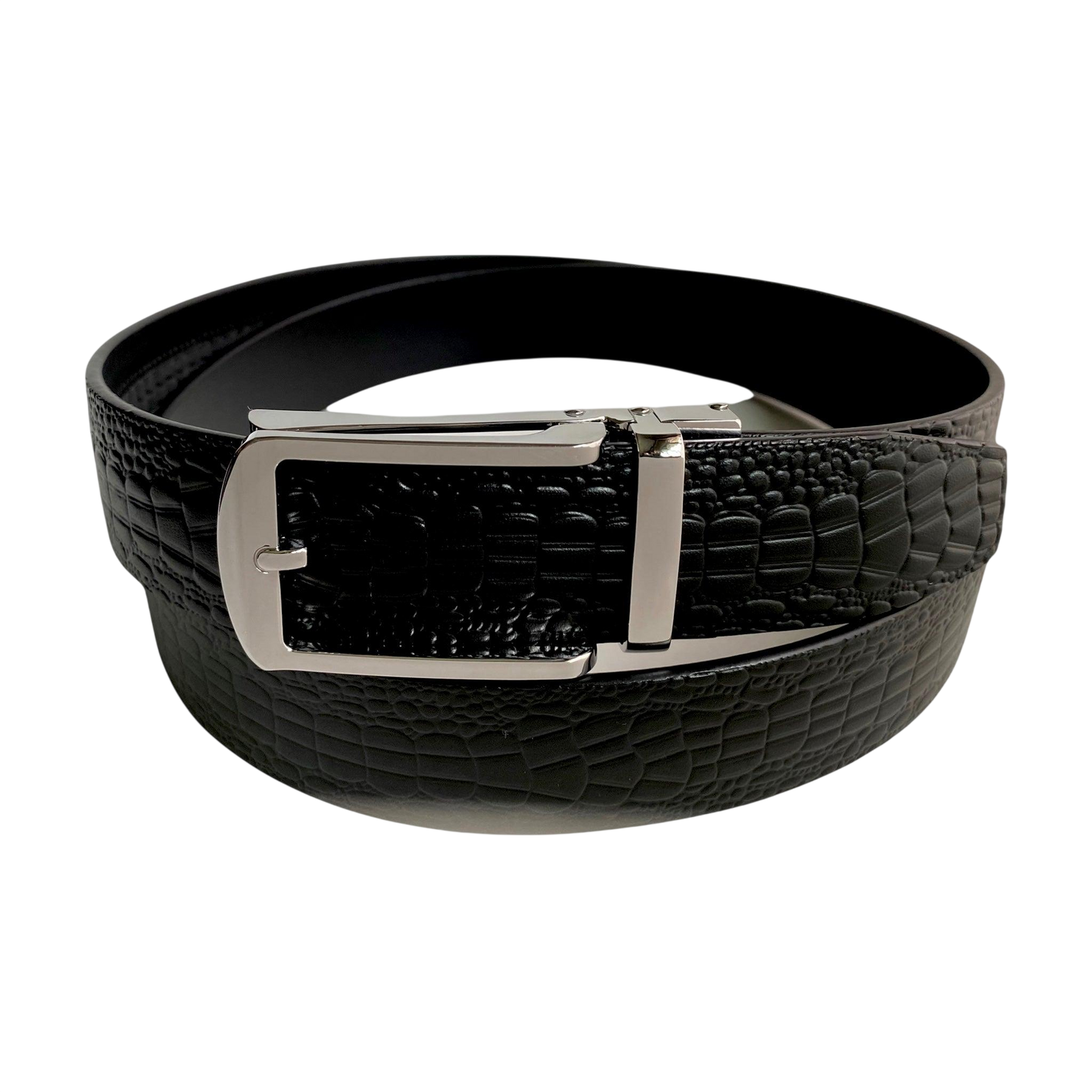 Black croco leather dress ratchet belt with gunmetal frame buckle, presented as a gift
