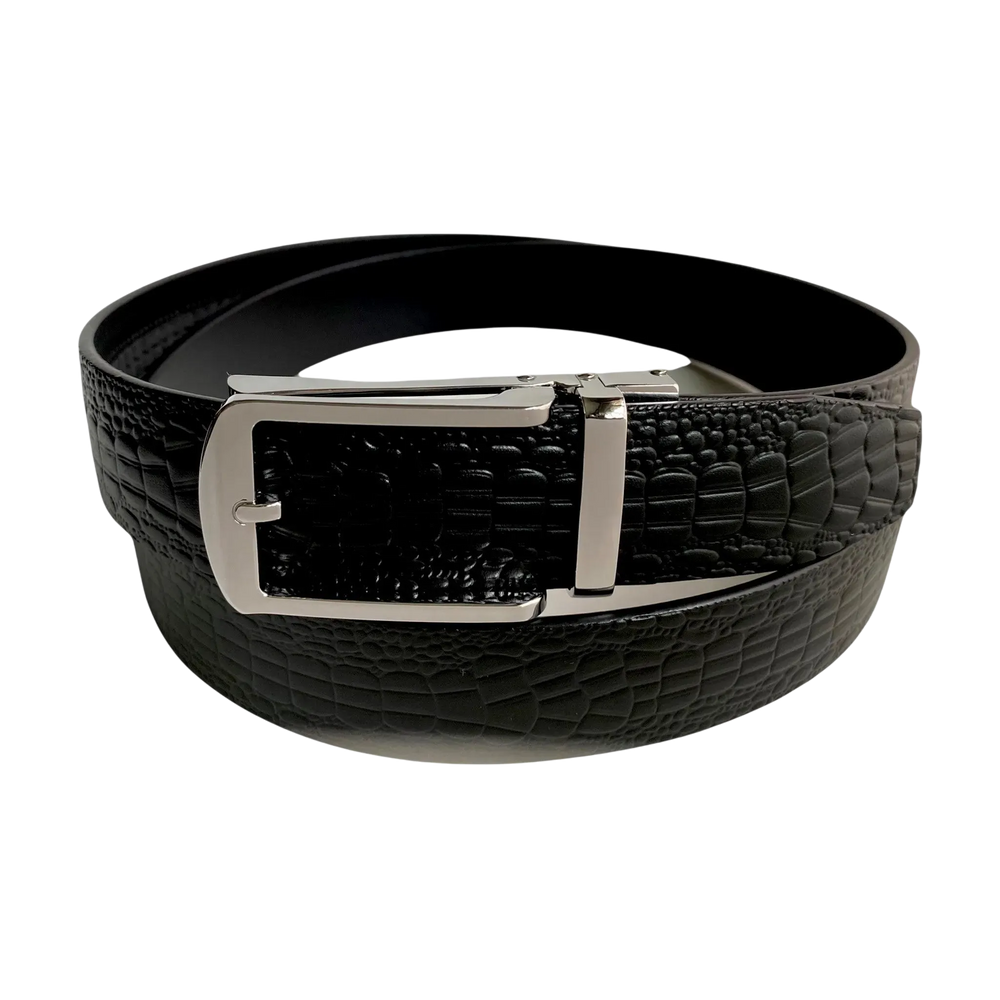 Black croco leather dress ratchet belt with gunmetal frame buckle, presented as a gift