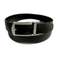 Black croco leather dress ratchet belt with gunmetal frame buckle, presented as a gift