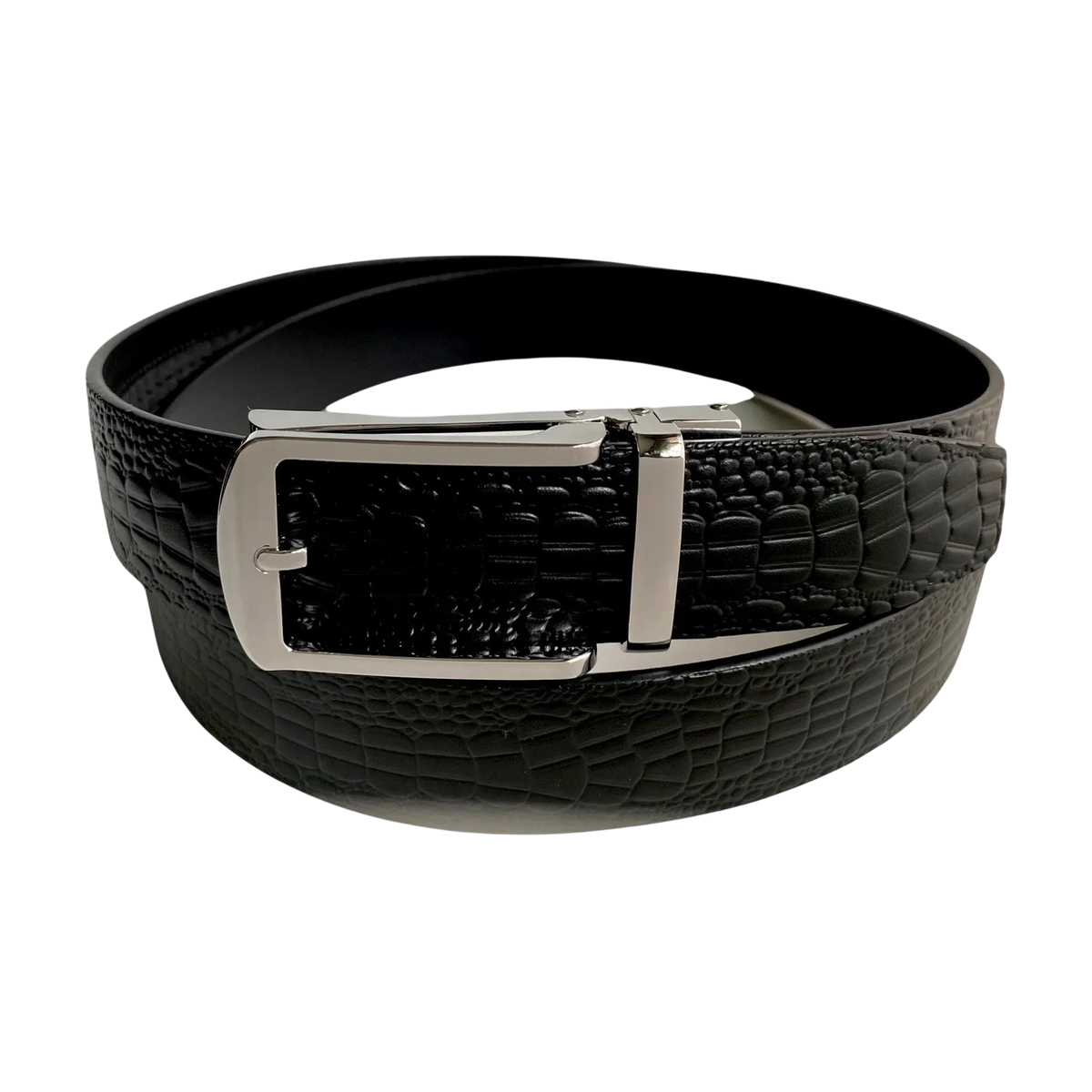 Black croco leather dress ratchet belt with gunmetal frame buckle, presented as a gift