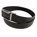 Black croco leather dress ratchet belt, strap texture close-up