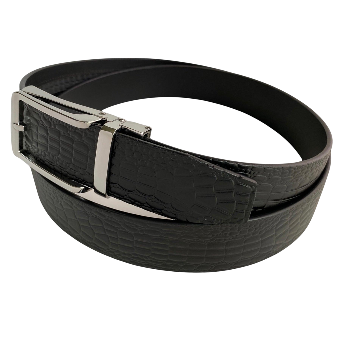 Black croco leather dress ratchet belt, strap texture close-up