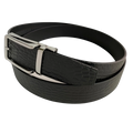 Black croco leather dress ratchet belt, strap texture close-up