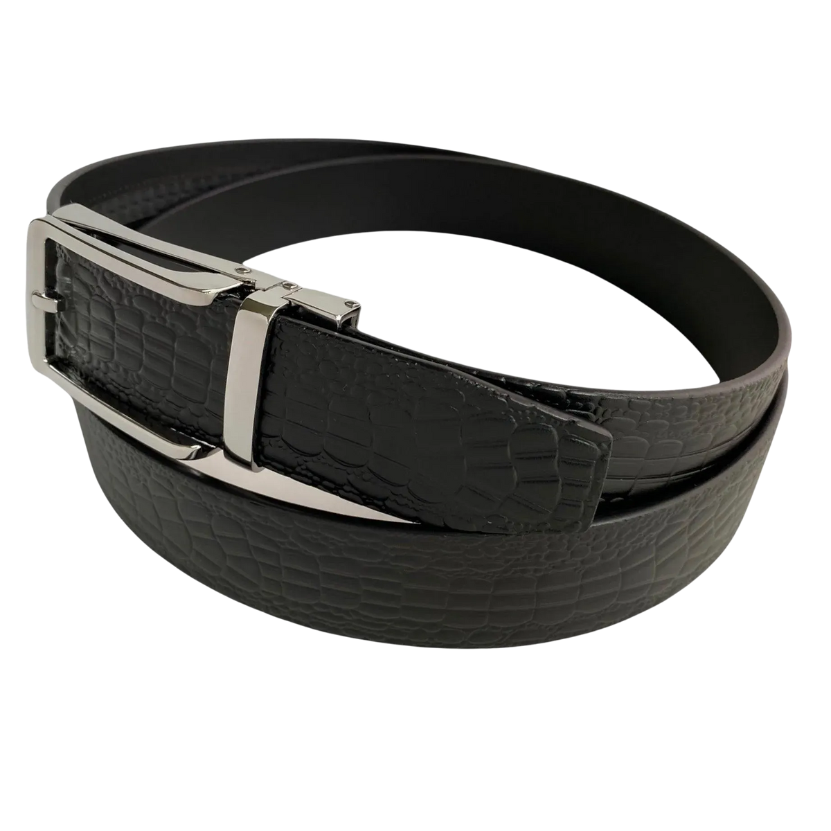 Black croco leather dress ratchet belt, strap texture close-up