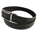 Black croco leather dress ratchet belt, strap texture close-up