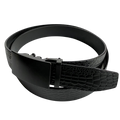 Black croco leather ratchet belt with black buckle, buckle detail close-up