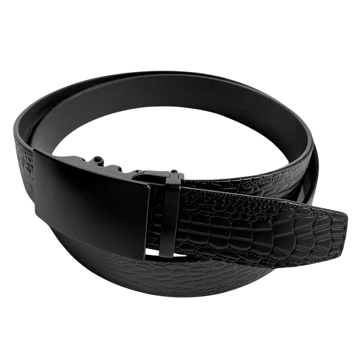 Black croco leather ratchet belt with black buckle, buckle detail close-up