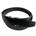 Black croco leather ratchet belt with black buckle, buckle detail close-up