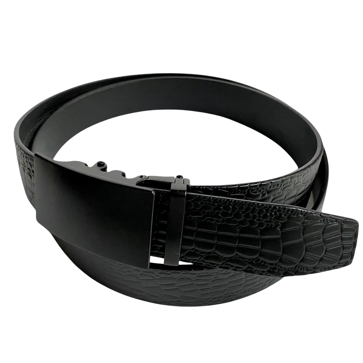 Black croco leather ratchet belt with black buckle, buckle detail close-up