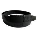 Black croco leather ratchet belt with black buckle, front view