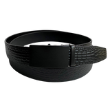 Black croco leather ratchet belt with black buckle, front view