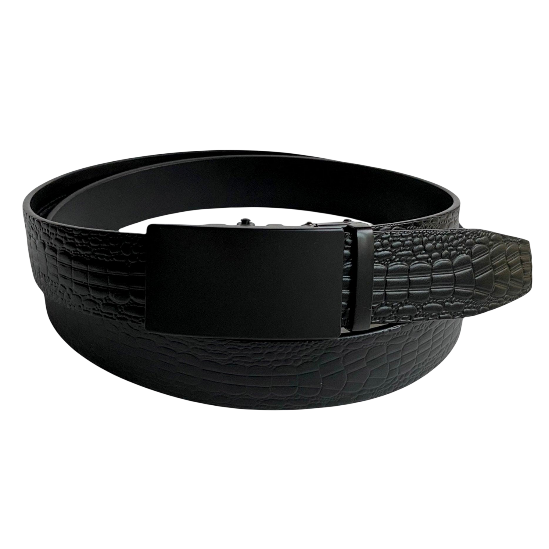 Black croco leather ratchet belt with black buckle, front view