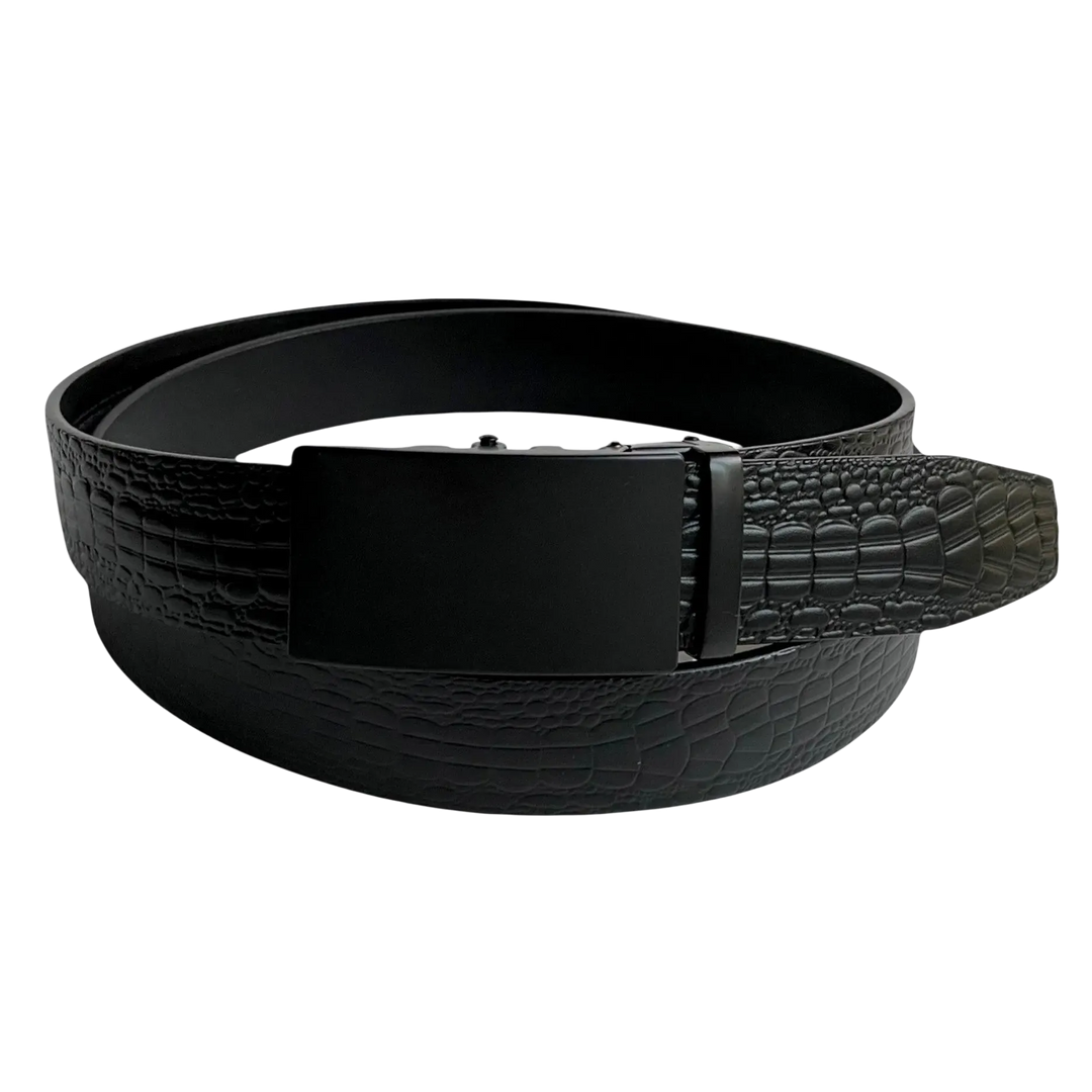 Black croco leather ratchet belt with black buckle, front view