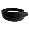 Black croco leather ratchet belt with black buckle, front view