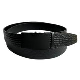 Black croco leather ratchet belt with black buckle, front view