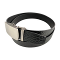 Black croco leather ratchet belt with gunmetal buckle, buckle detail close-up