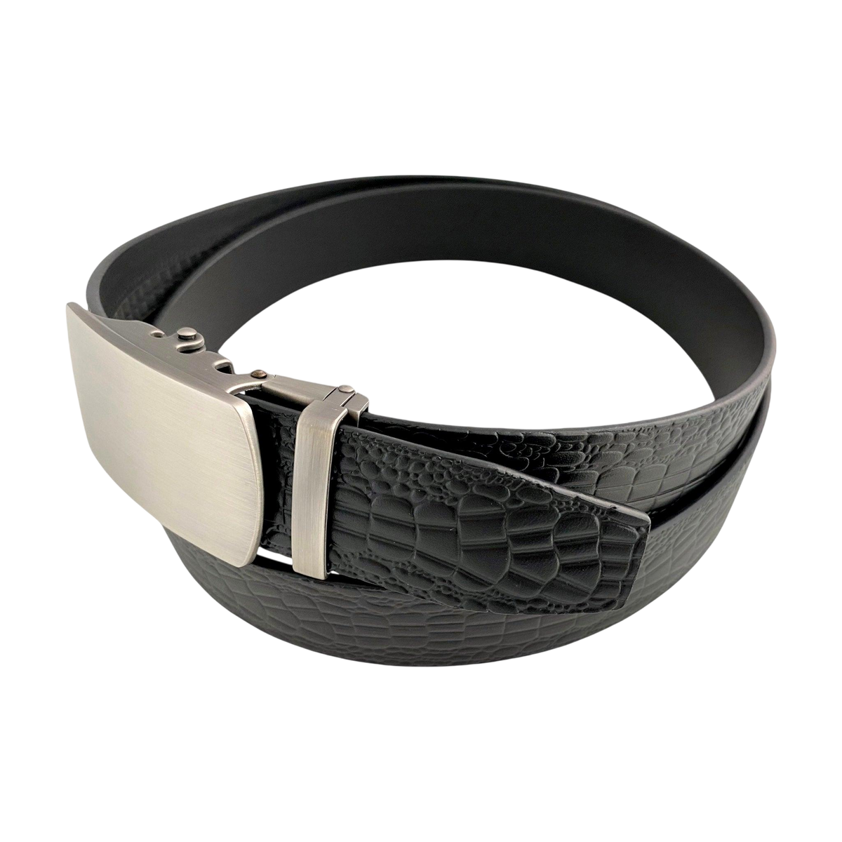 Black croco leather ratchet belt with gunmetal buckle, buckle detail close-up
