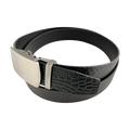 Black croco leather ratchet belt with gunmetal buckle, buckle detail close-up