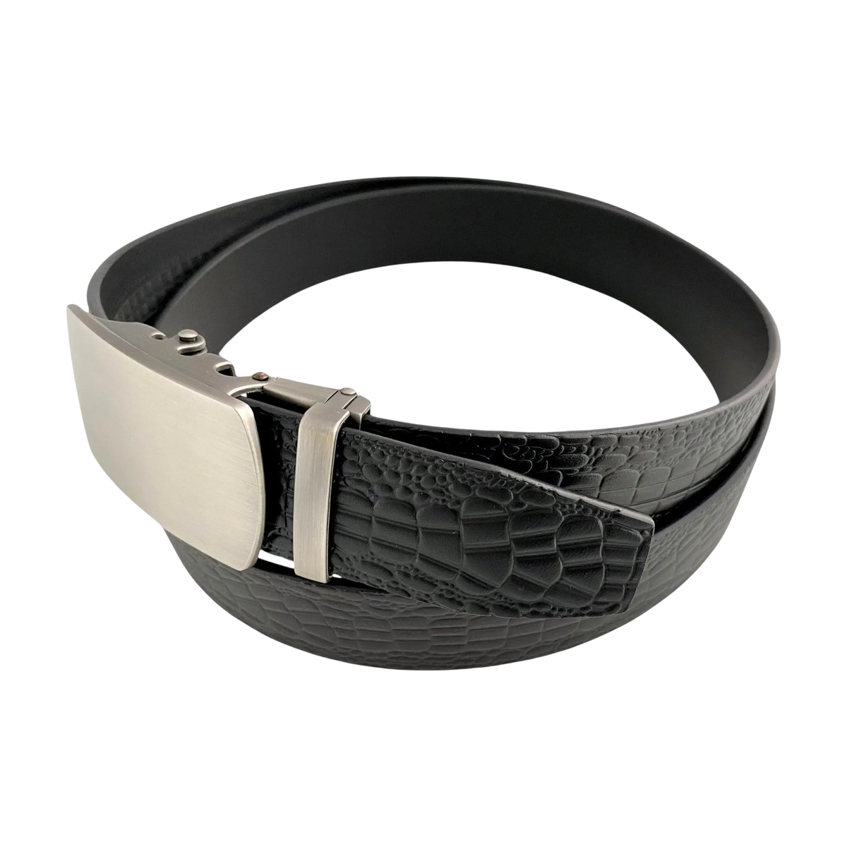 Black croco leather ratchet belt with gunmetal buckle, buckle detail close-up