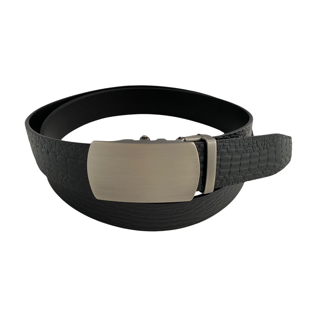 Black croco leather ratchet belt with gunmetal buckle, front view