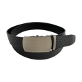 Black croco leather ratchet belt with gunmetal buckle, front view