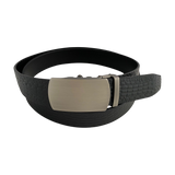 Black croco leather ratchet belt with gunmetal buckle, front view