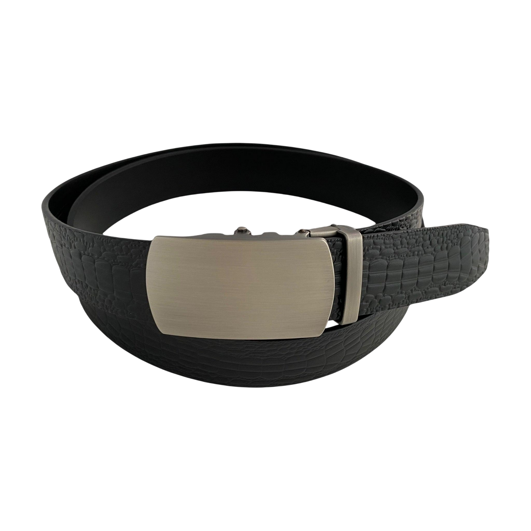 Black croco leather ratchet belt with gunmetal buckle, front view