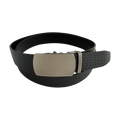Black croco leather ratchet belt with gunmetal buckle, front view