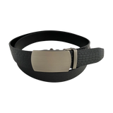 Black croco leather ratchet belt with gunmetal buckle, front view