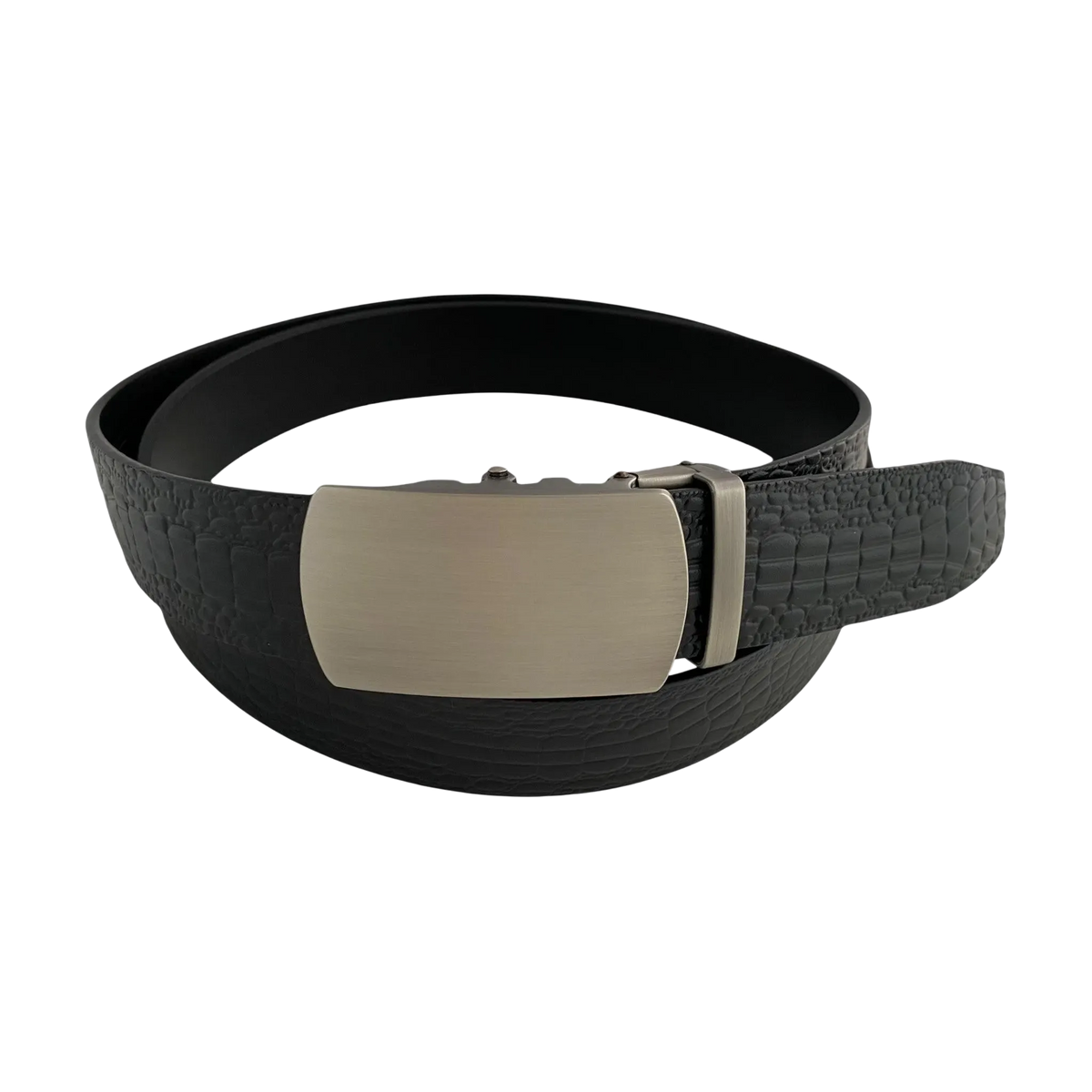 Black croco leather ratchet belt with gunmetal buckle, front view