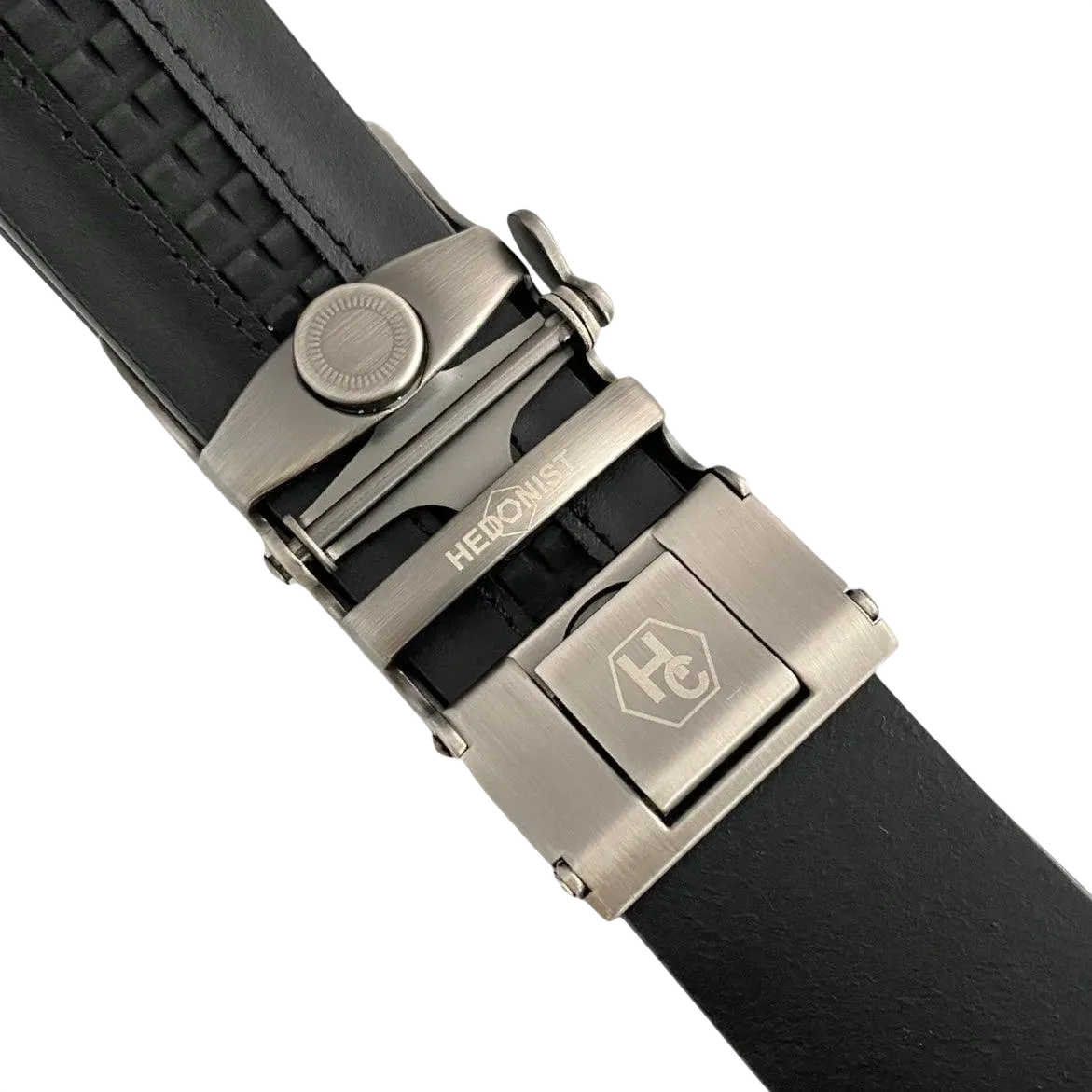 Black croco leather ratchet belt with gunmetal buckle, hardware close-up, textured leather