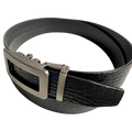 Black croco leather ratchet belt with gunmetal hollow frame buckle, buckle detail close-up