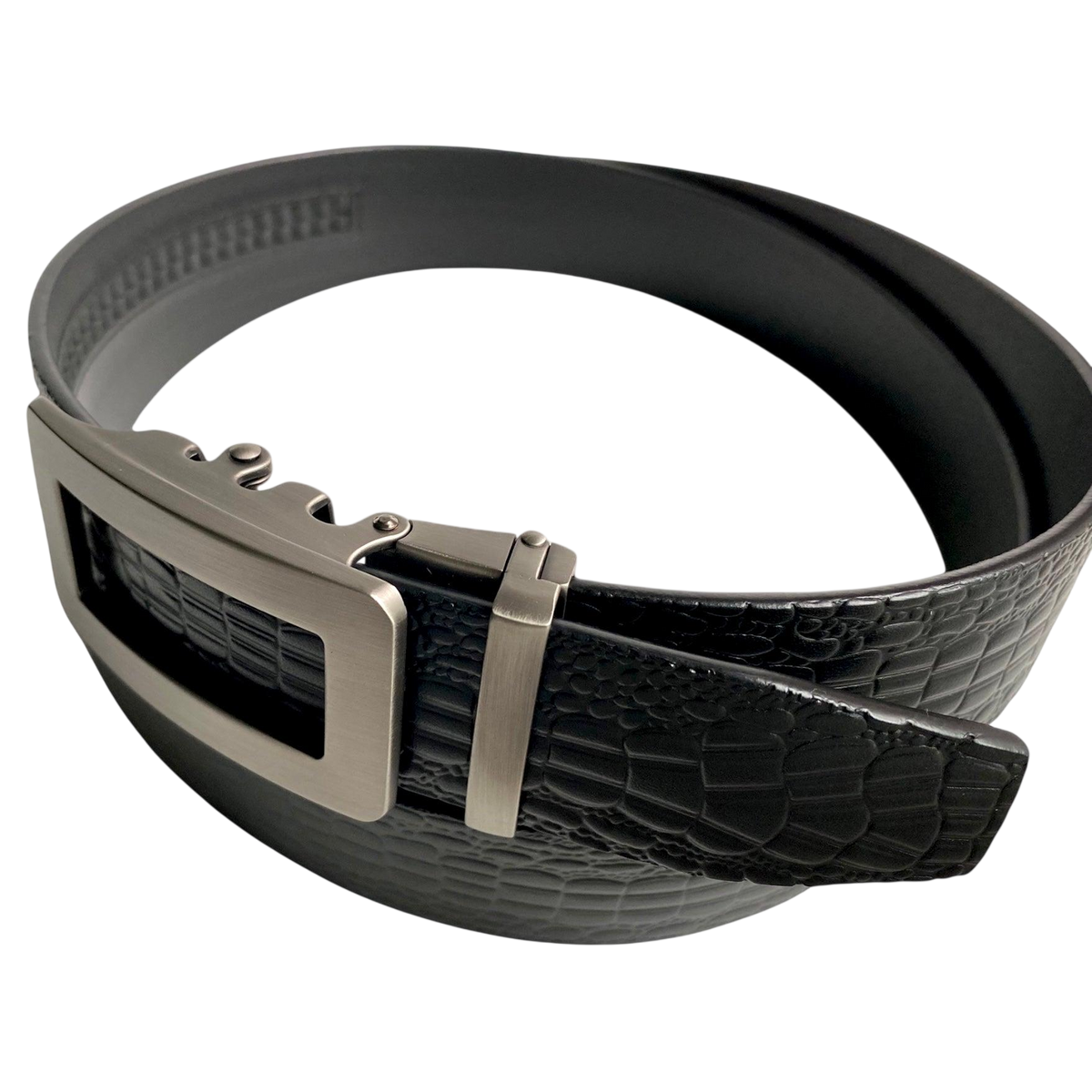 Black croco leather ratchet belt with gunmetal hollow frame buckle, buckle detail close-up