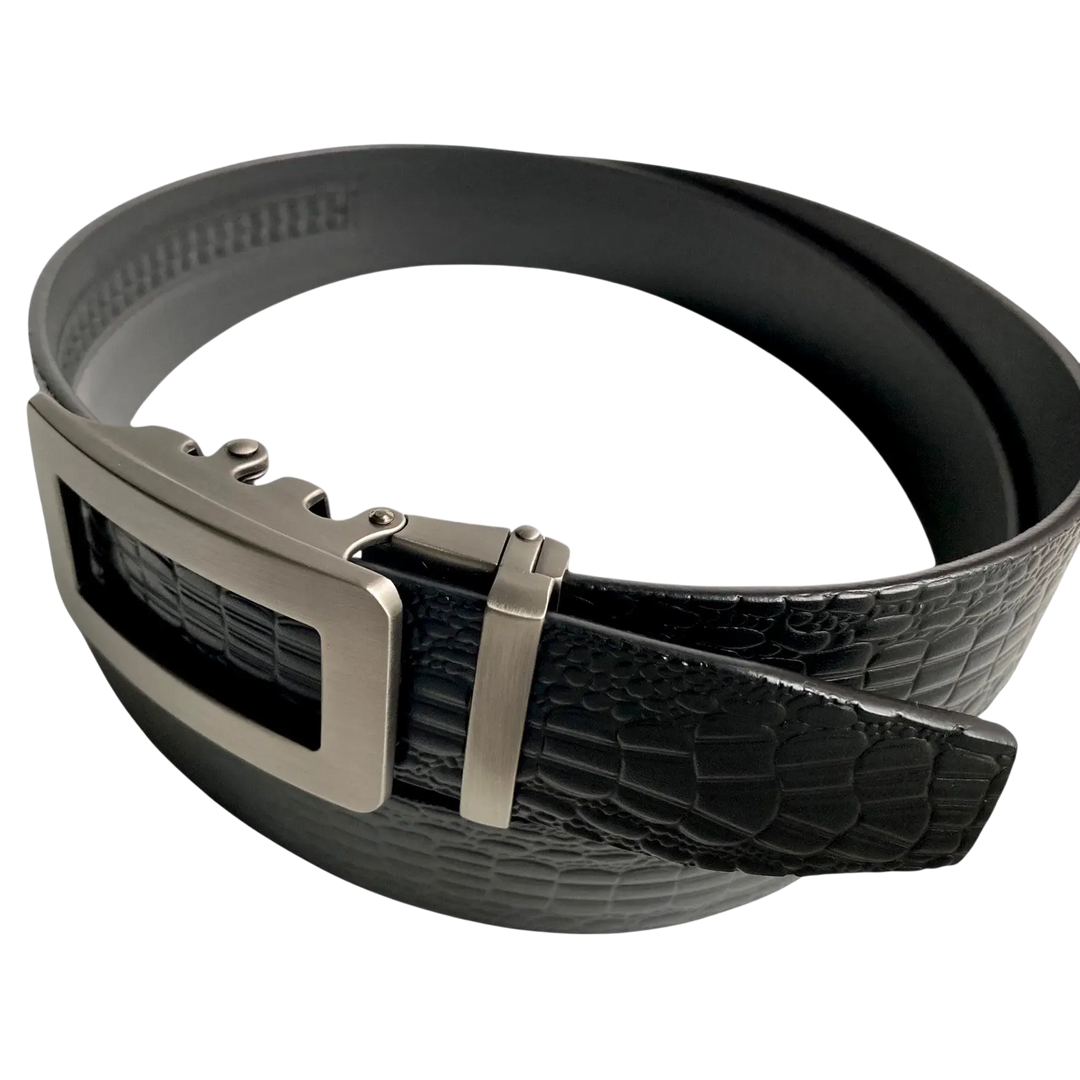 Black croco leather ratchet belt with gunmetal hollow frame buckle, buckle detail close-up