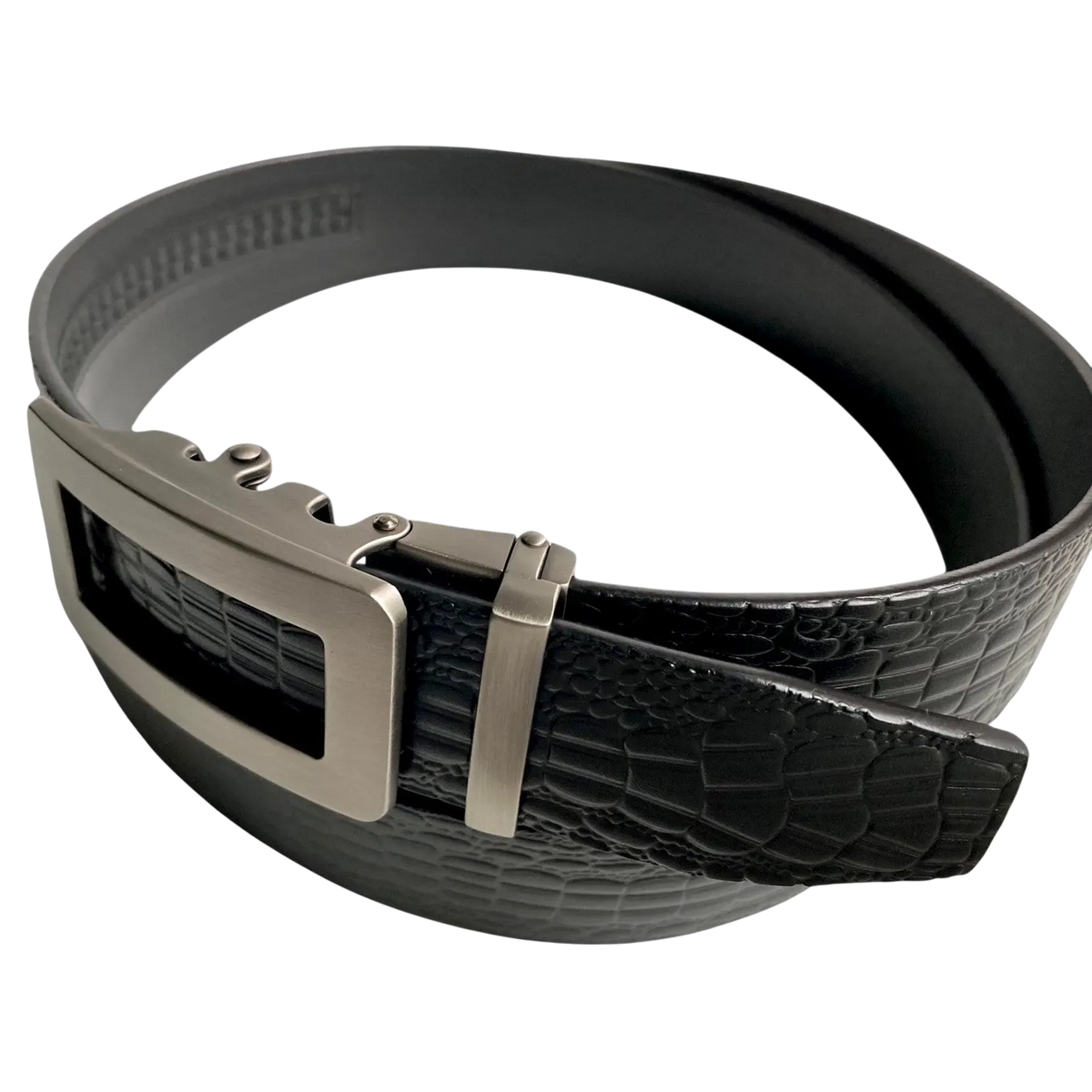 Black croco leather ratchet belt with gunmetal hollow frame buckle, buckle detail close-up