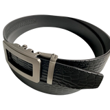 Black croco leather ratchet belt with gunmetal hollow frame buckle, buckle detail close-up