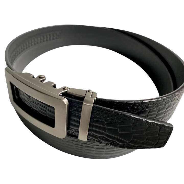 Black croco leather ratchet belt with gunmetal hollow frame buckle, buckle detail close-up